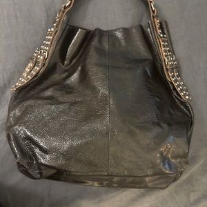 Black Crinkly Patent Leather Tote with Studded and Pony Hair Strap